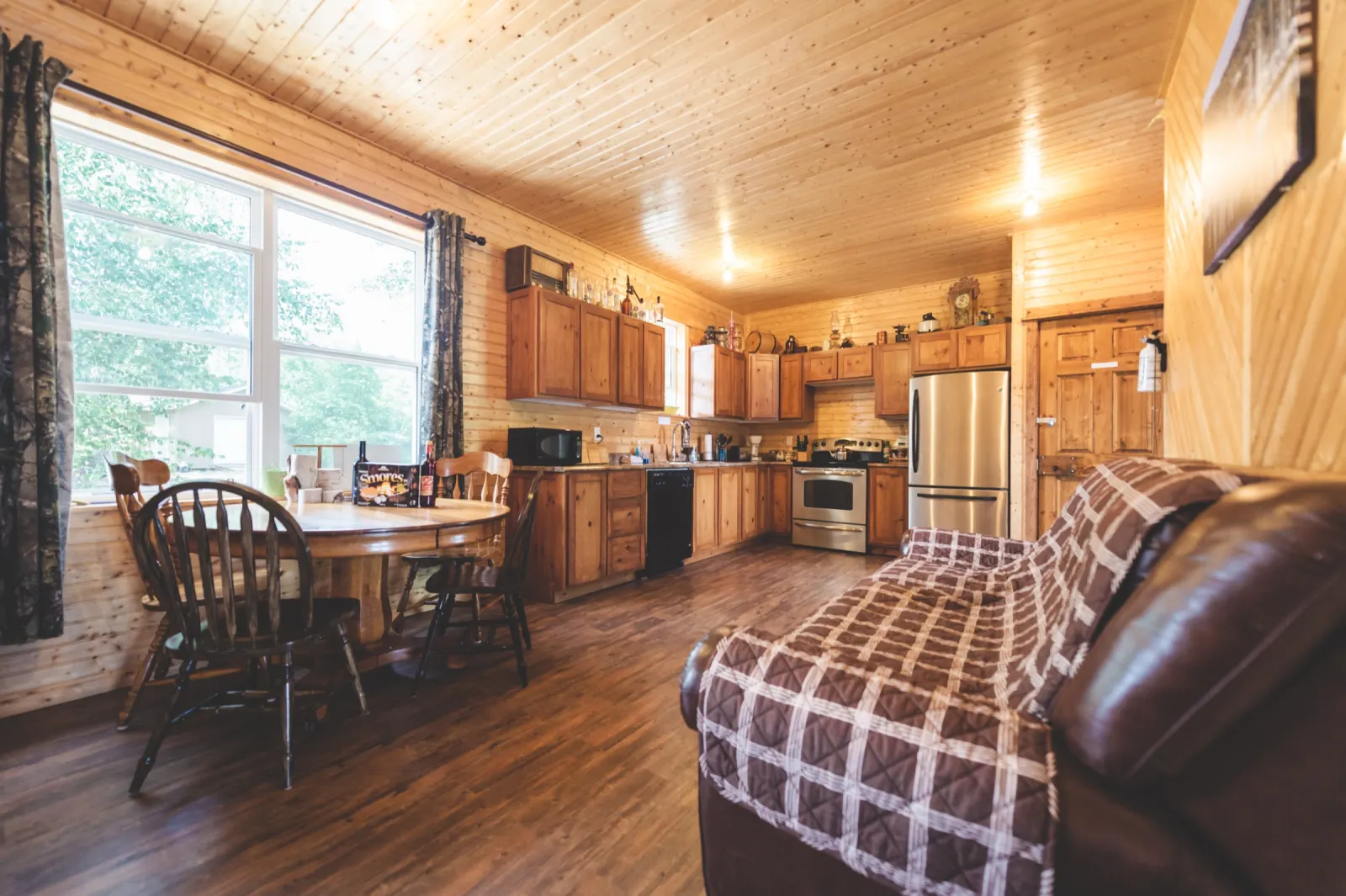 The kitchen and dining table by the window